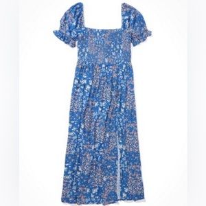 American Eagle Smocked Square-Neck Midi Dress | Flowy Blue Floral Sundress